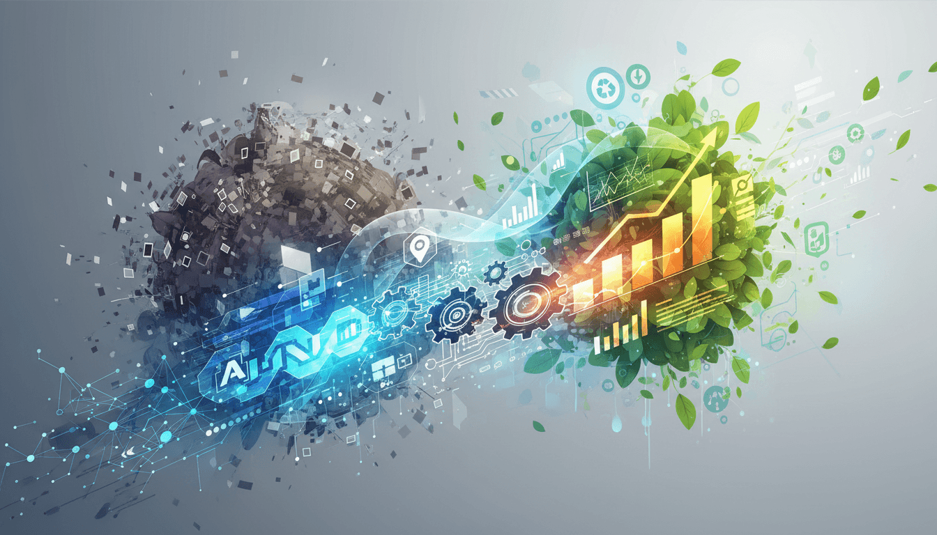 Gröna löv och AI-symbol visar hållbar automation och miljöpåverkan