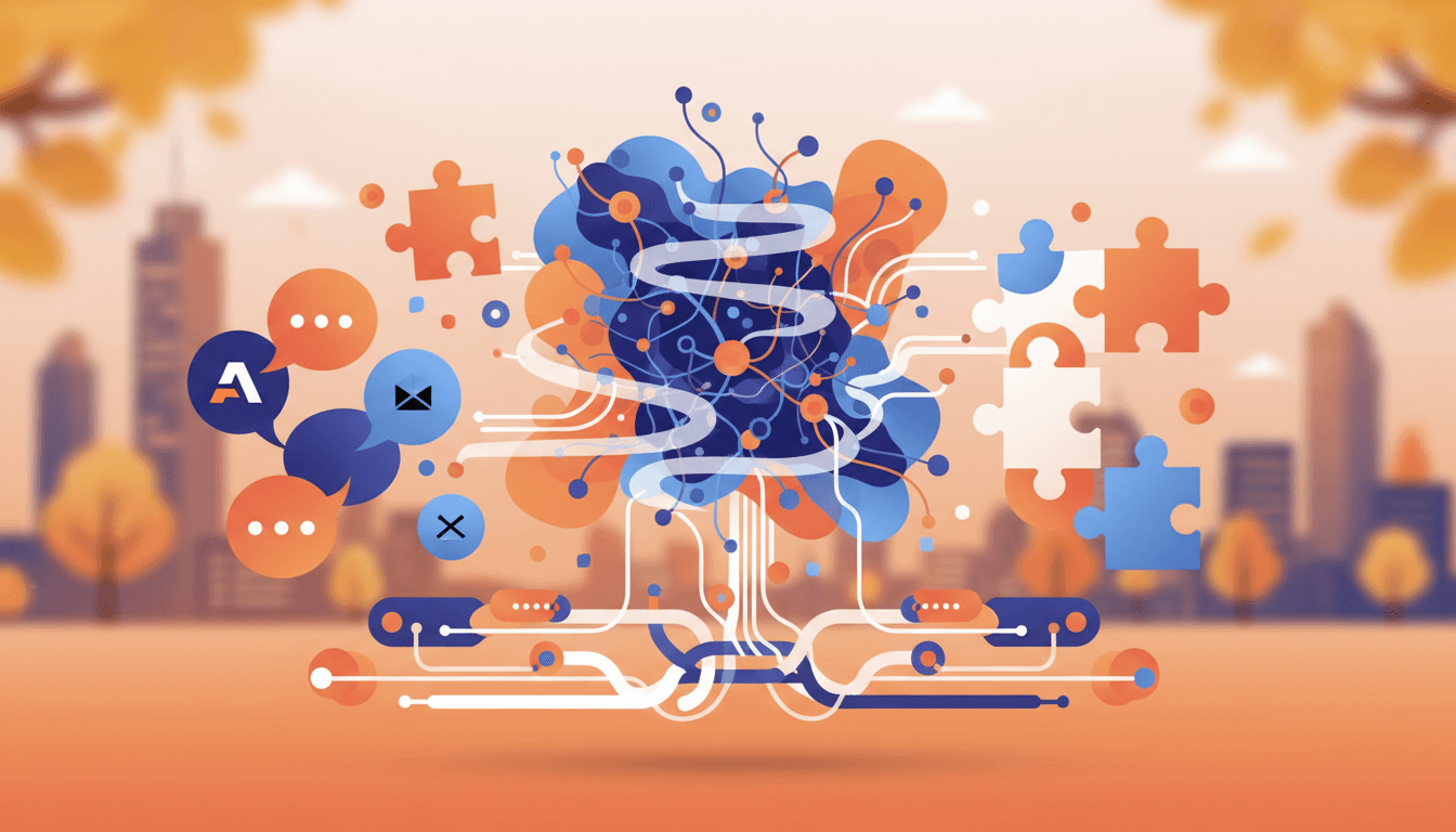 Illustration som visar AI och automation med Claude och Notion i modern affärsmiljö