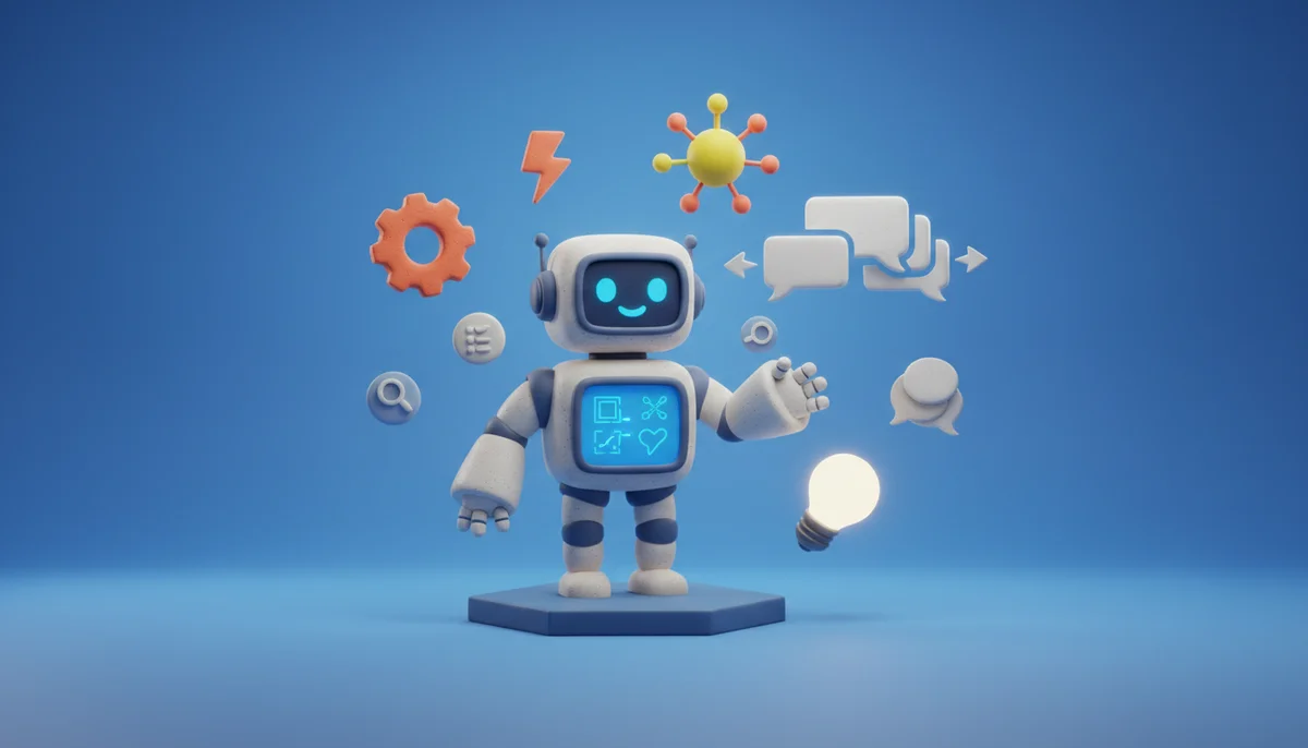 3D-illustration av AI-agent och chattbot i lera-stil mot blå bakgrund