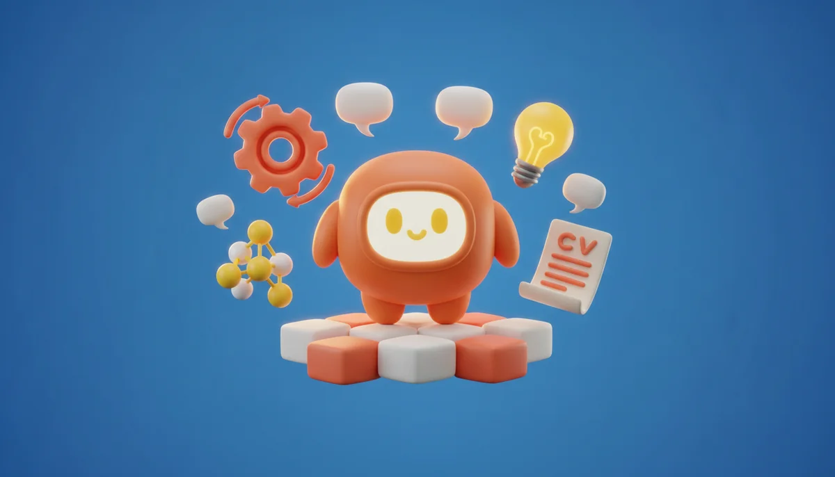 3D-illustration av AI-robot omgiven av kugghjul, glödlampa och CV-dokument i lera-stil mot blå bakgrund