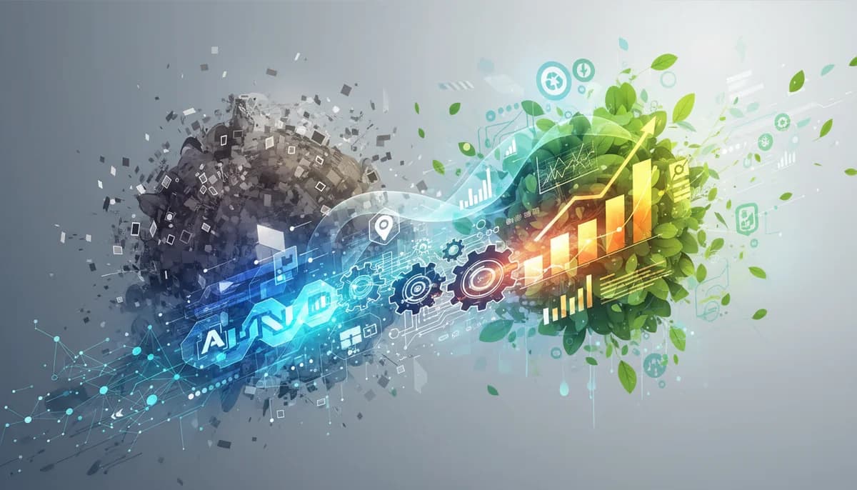 Gröna löv och AI-symbol visar hållbar automation och miljöpåverkan