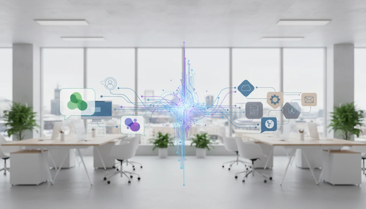 Illustration som visar AI och automation med ChatGPT och Make i modern affärsmiljö