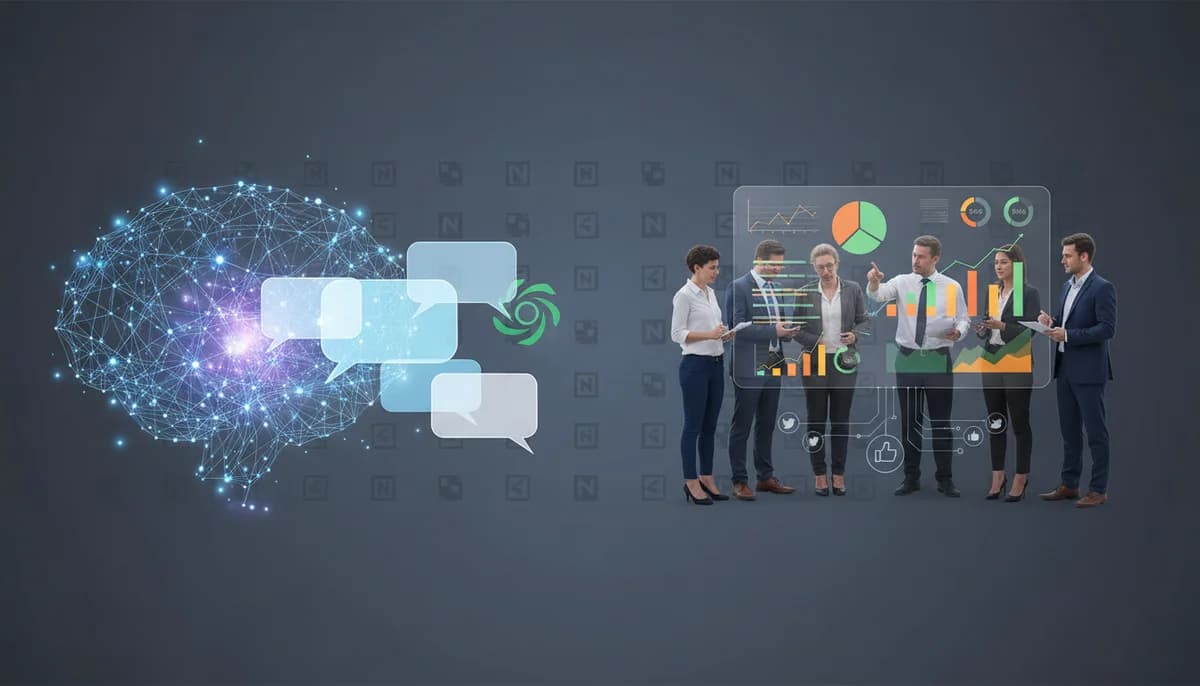 Illustration som visar AI och ChatGPT med ChatGPT och Notion i modern affärsmiljö