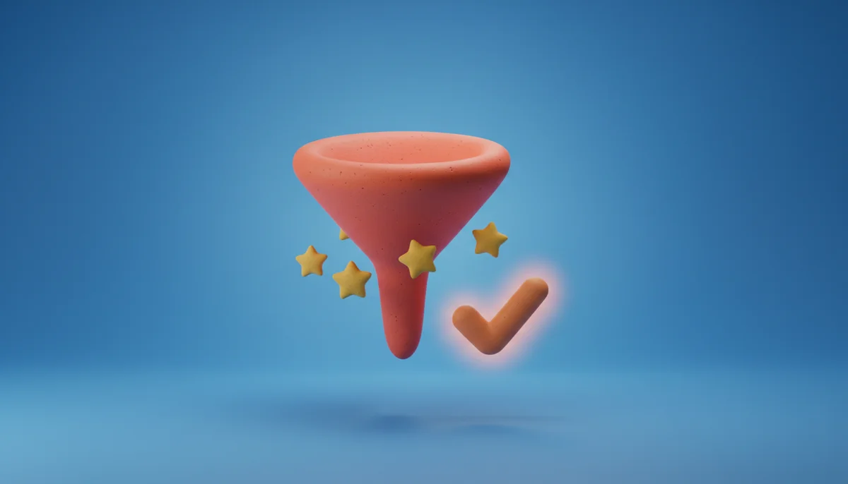 3D-illustration av leadkvalificering med tratt och stjärnor i lera-stil mot blå bakgrund