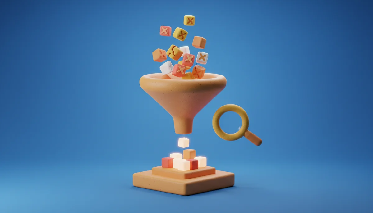 3D-illustration av datablock och förstoringsglas i lera-stil mot blå bakgrund