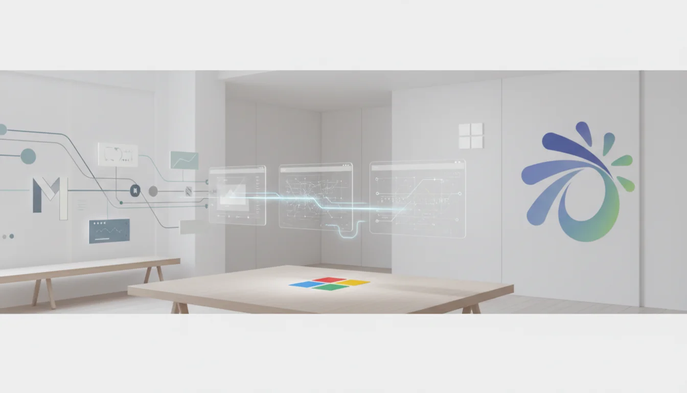 Illustration som visar business och technology med Microsoft och Microsoft Copilot i modern affärsmiljö