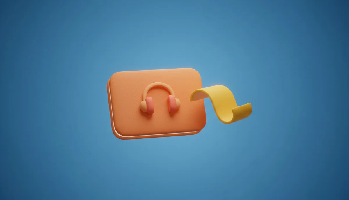 3D-illustration av AI-assistent med dokument och hörlurar i lera-stil mot blå bakgrund