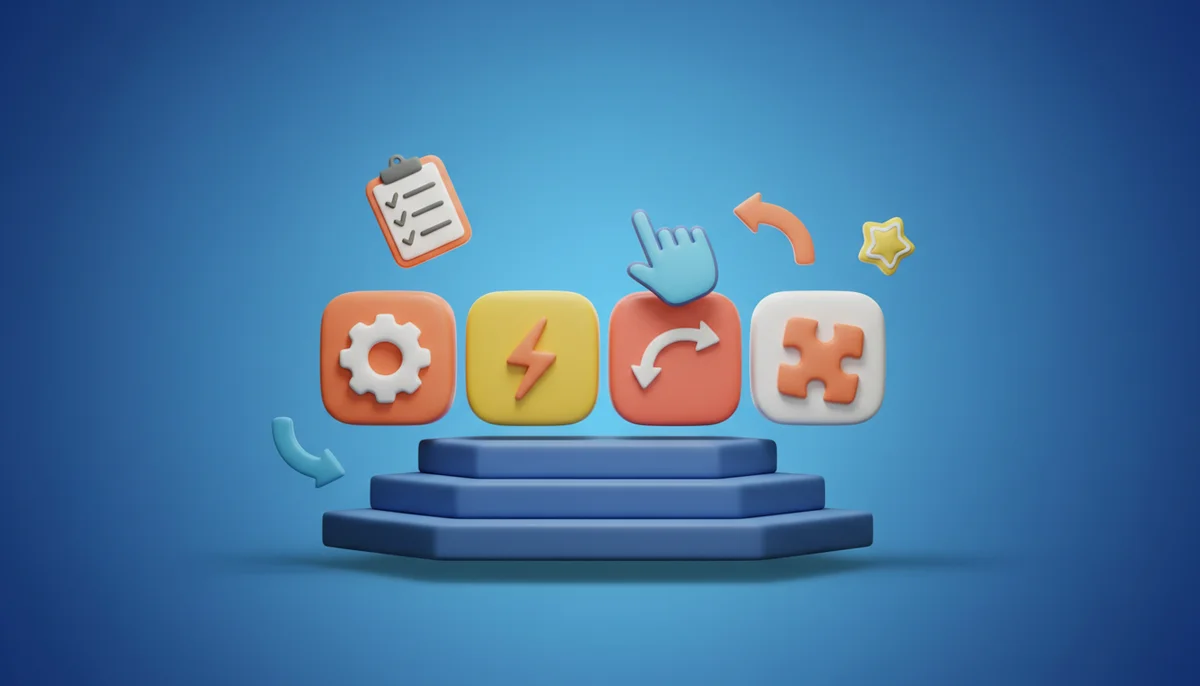 3D-illustration av automationsverktyg i lera-stil mot blå bakgrund